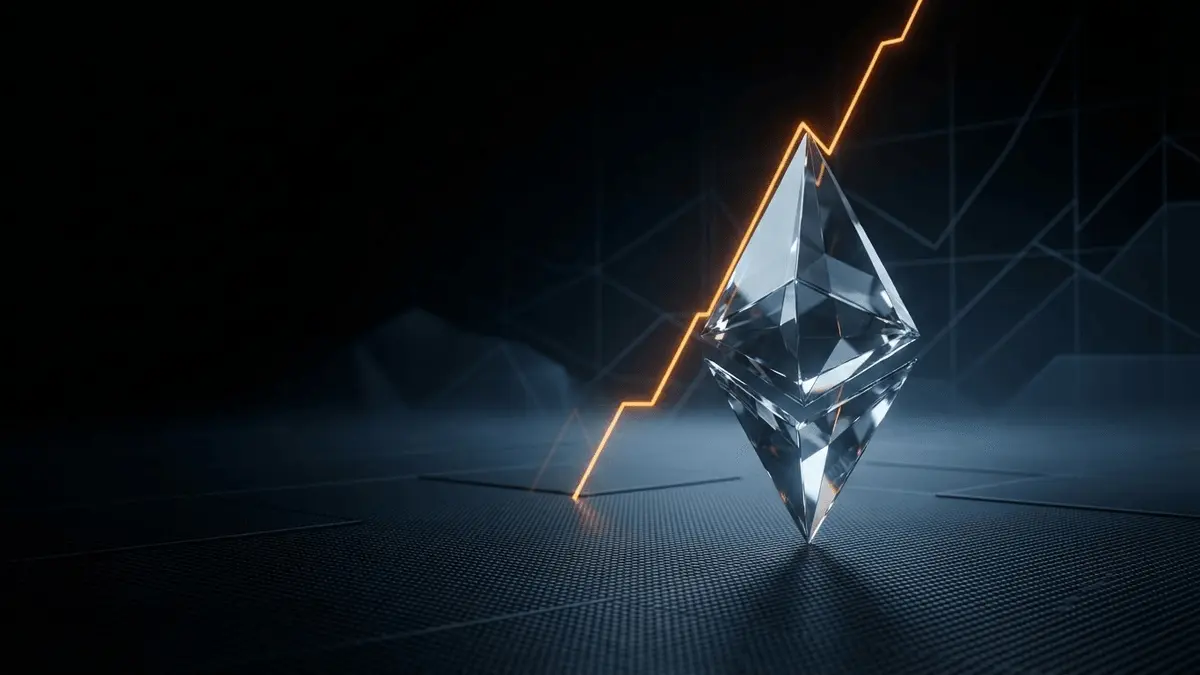 Faceted Ethereum-inspired crystal rising through an orange-lit crypto market scene