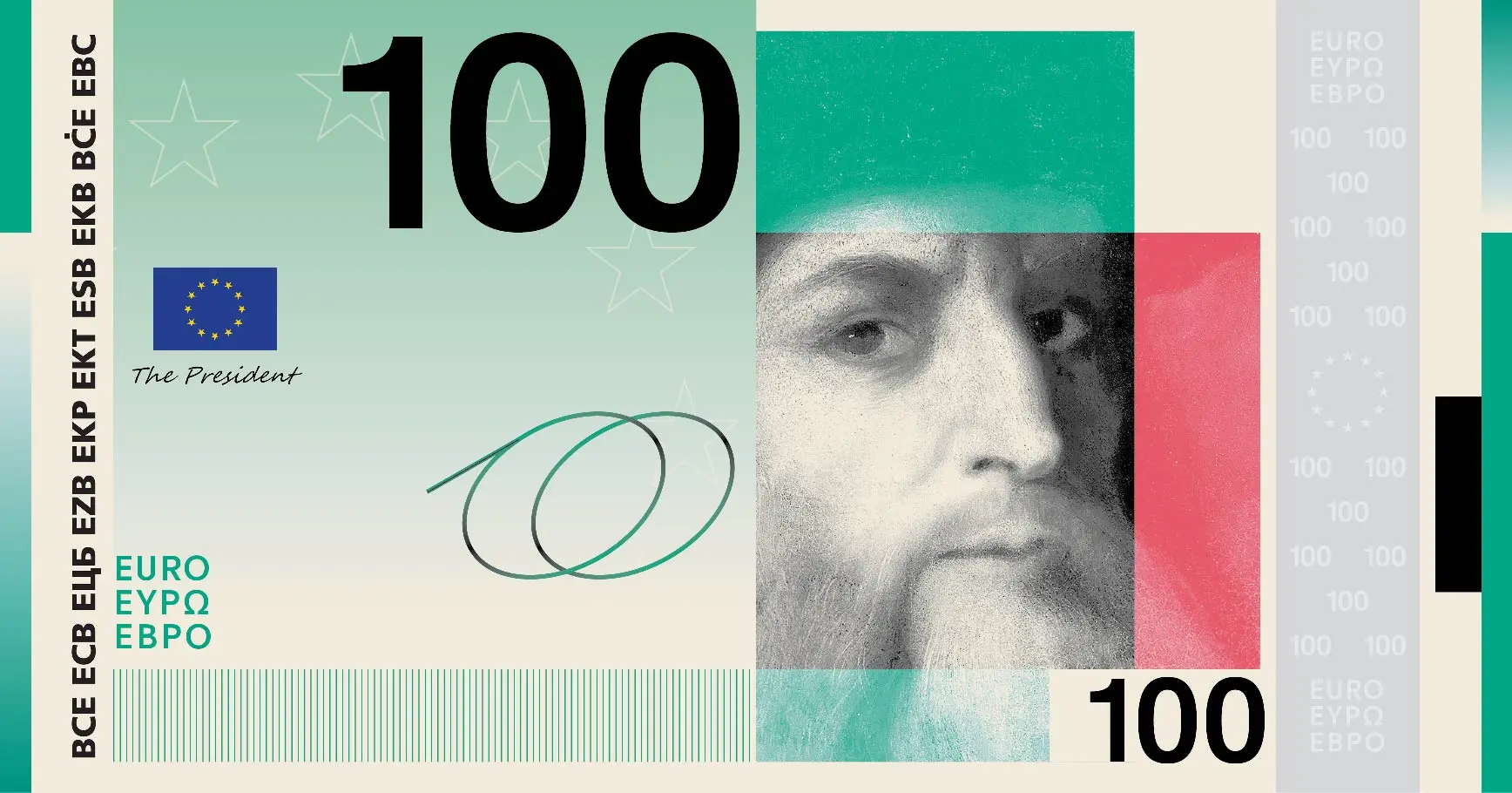 Abstract digital illustration of a 100 Euro banknote featuring a stylized face and geometric shapes.