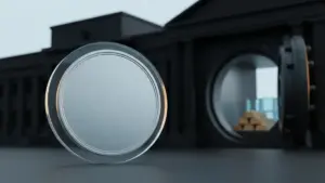 Unmarked stablecoin beside a secure central bank vault representing regulated bank issuance
