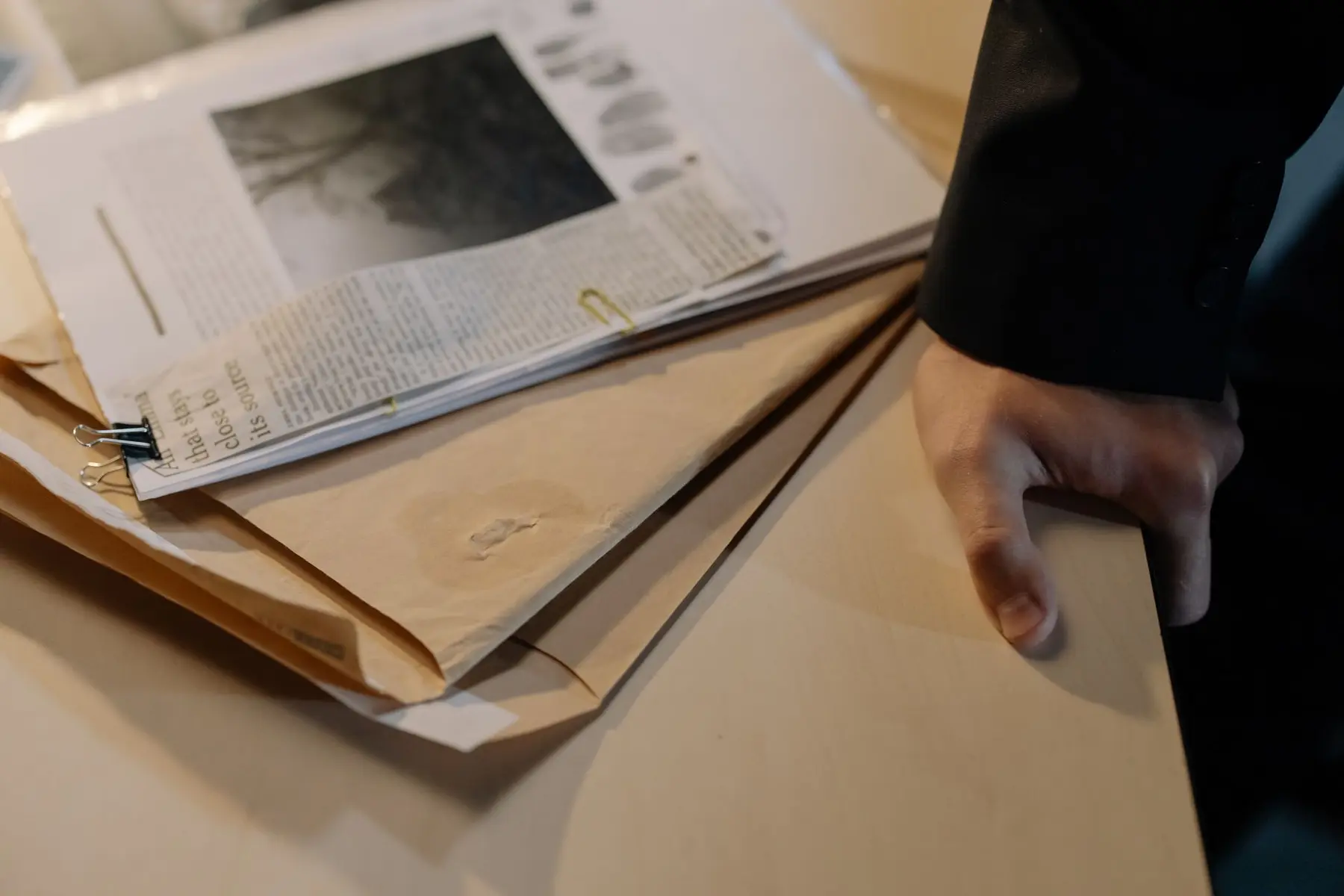 Close-up of a person in a dark suit standing next to a pile of old documents and manila envelopes on a desk