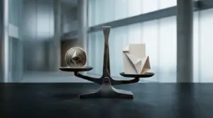 Balance scale with a crypto token and legal document symbolizing SEC securities guidance