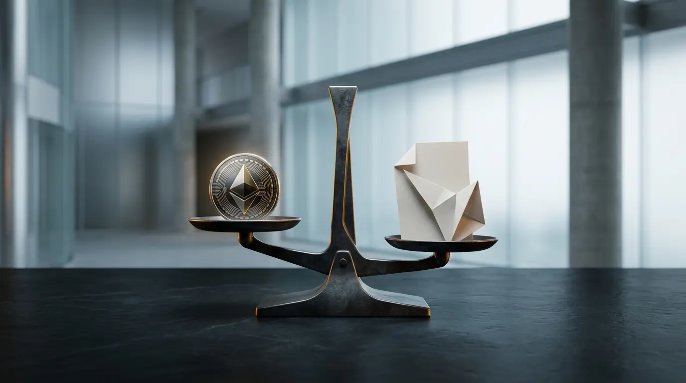 Balance scale with a crypto token and legal document symbolizing SEC securities guidance