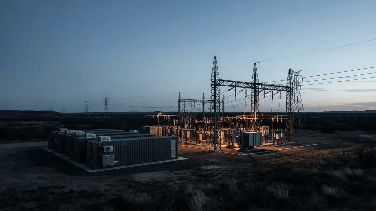 West Texas power infrastructure and mining facilities under dramatic blue-hour light