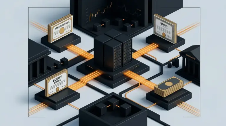 Institutional blockchain infrastructure connecting tokenized financial assets through a market-data hub