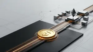 Gold stablecoin token connected to Mantle blockchain rails in a dark digital finance setting