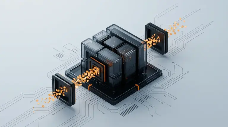 Abstract fair-launch smart contract escrow with orange token flows for a crypto presale