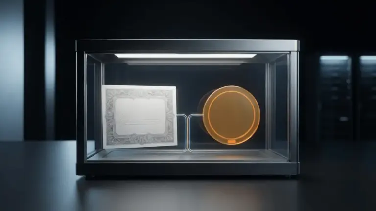 Abstract financial conversion chamber showing a physical share becoming a gold tokenized asset