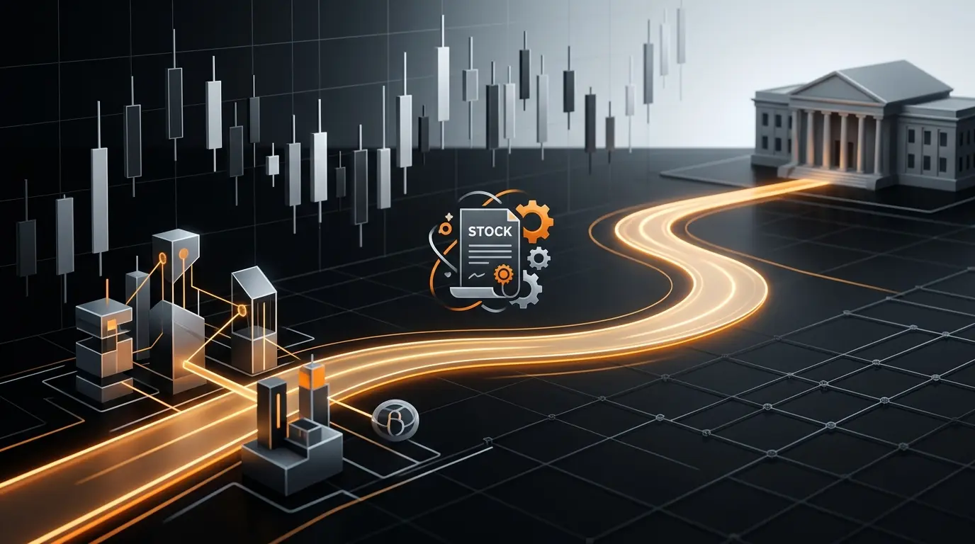 Abstract illustration of stock perpetuals moving from offshore crypto markets toward US regulatory access