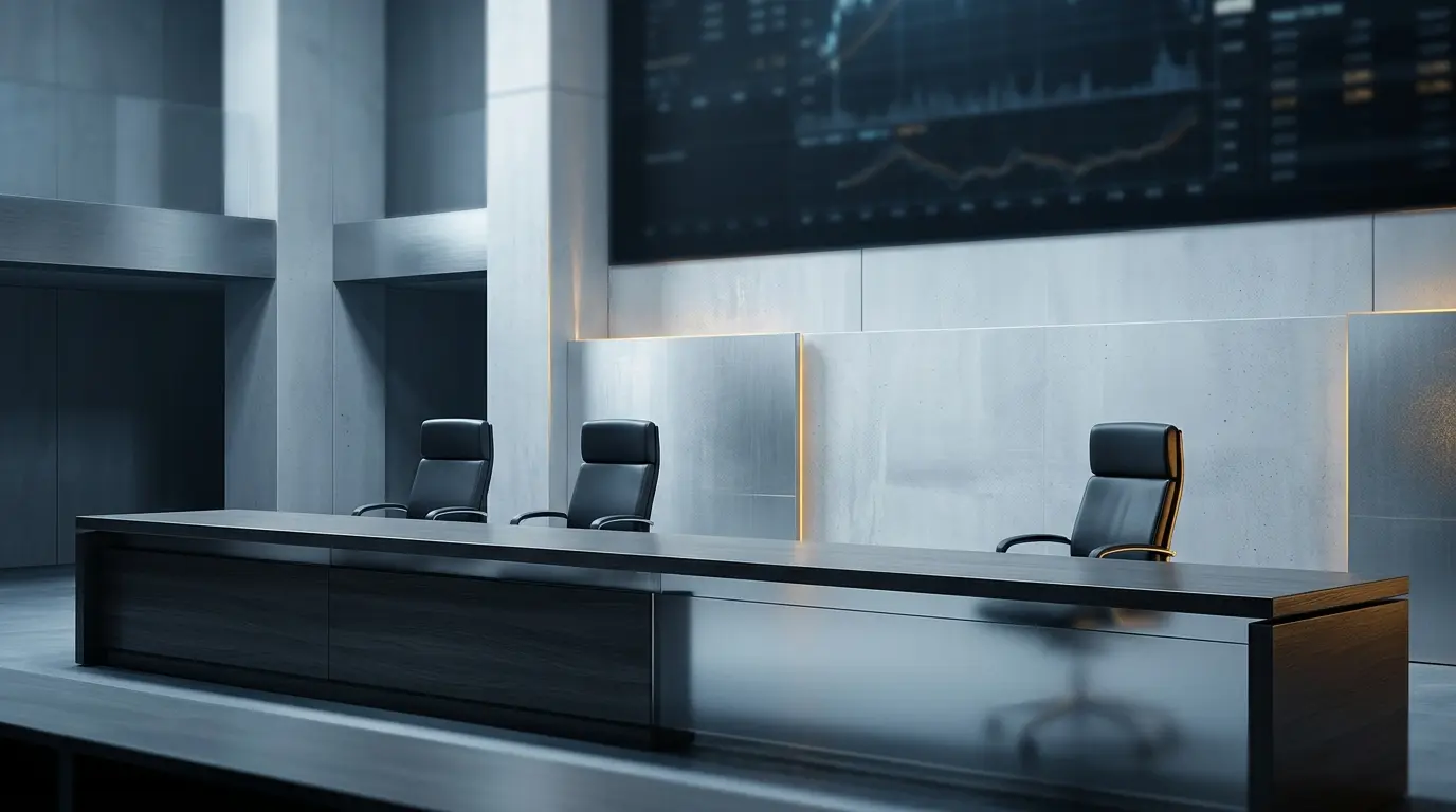 Three empty regulator chairs represent reduced SEC and CFTC leadership amid crypto policy uncertainty.