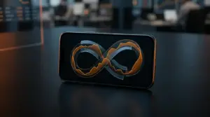 Smartphone showing an abstract perpetual futures trading interface with orange market lines