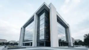 Modern financial regulator building with abstract blockchain reflections representing SEC crypto guidance