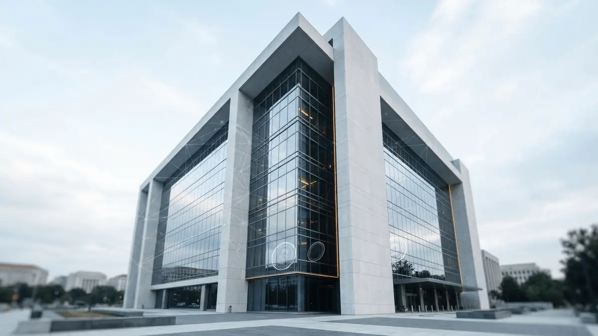 Modern financial regulator building with abstract blockchain reflections representing SEC crypto guidance