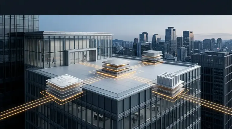 Seoul financial district with institutional blockchain ledger pathways for tokenized securities