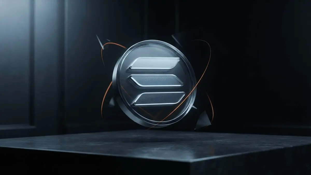 Abstract Solana token glowing above a dark treasury surface, symbolizing shareholder exposure to crypto volatility