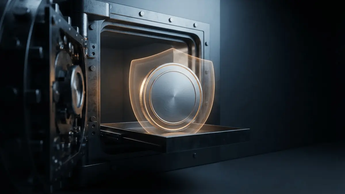 Stablecoin token secured in a bank vault, symbolizing provider trust and consumer protection