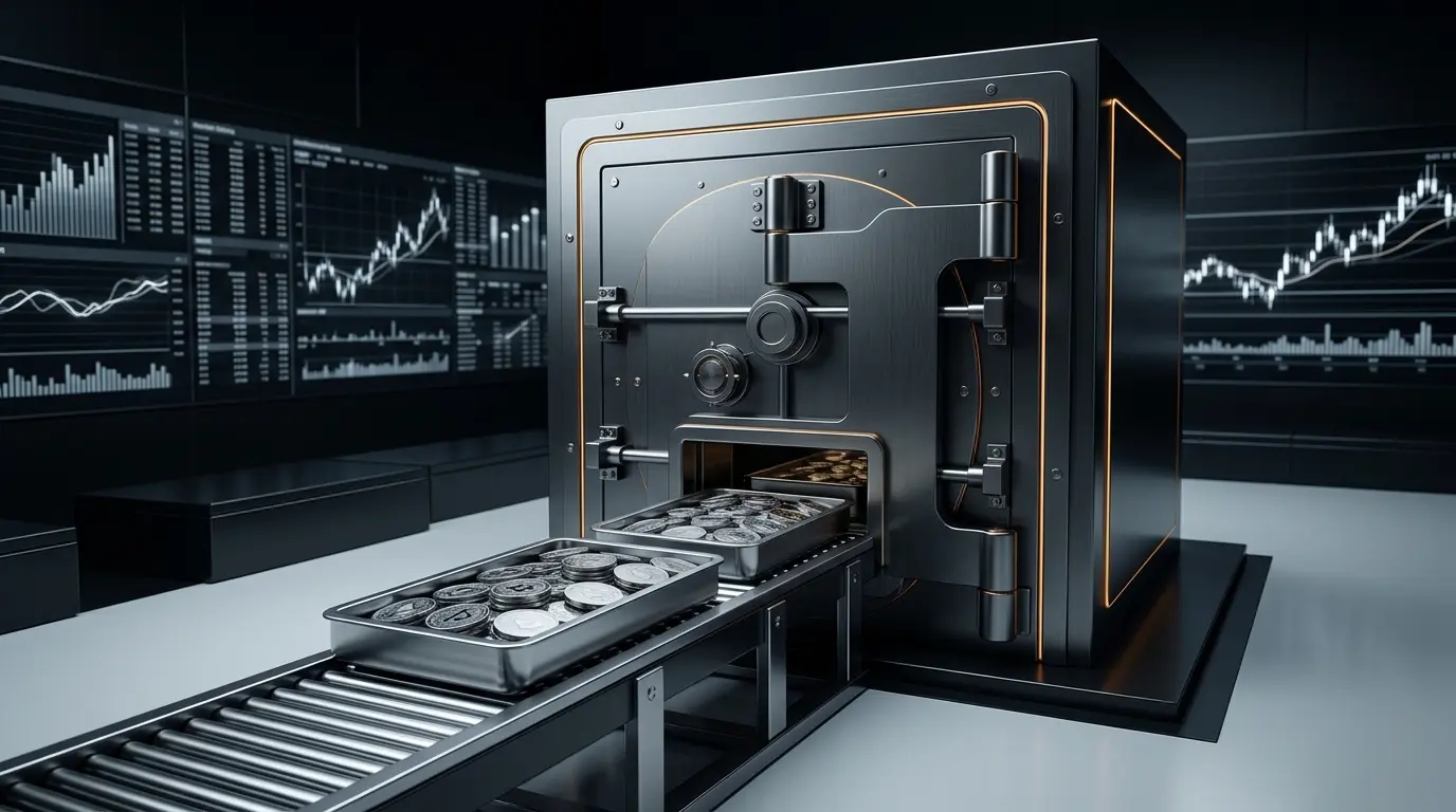 Institutional treasury vault representing Strategy’s equity-funded Bitcoin accumulation and capital markets strategy