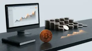Bitcoin coins beside a corporate treasury dashboard representing Strive’s expanded Bitcoin holdings