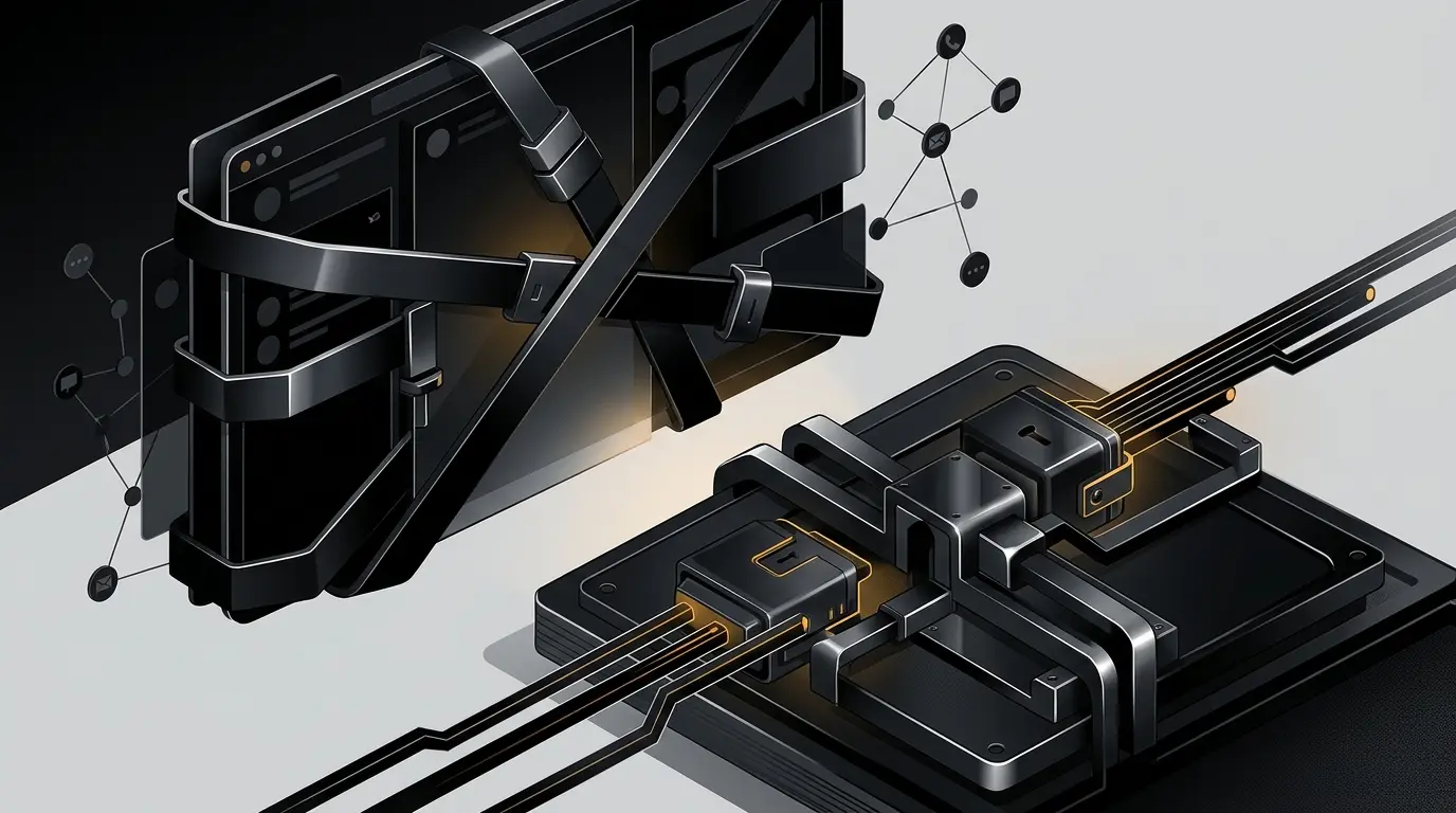 Abstract crypto enforcement scene showing seized wallets and disrupted messaging infrastructure
