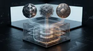 Abstract tokenized equity assets flowing into a DeFi lending vault with orange-gold highlights