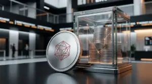 Abstract crypto ETF vault with staked TRX tokens and regulated market infrastructure