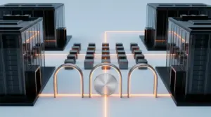 Institutional stablecoin payment infrastructure connecting two bank data centers through blockchain controls