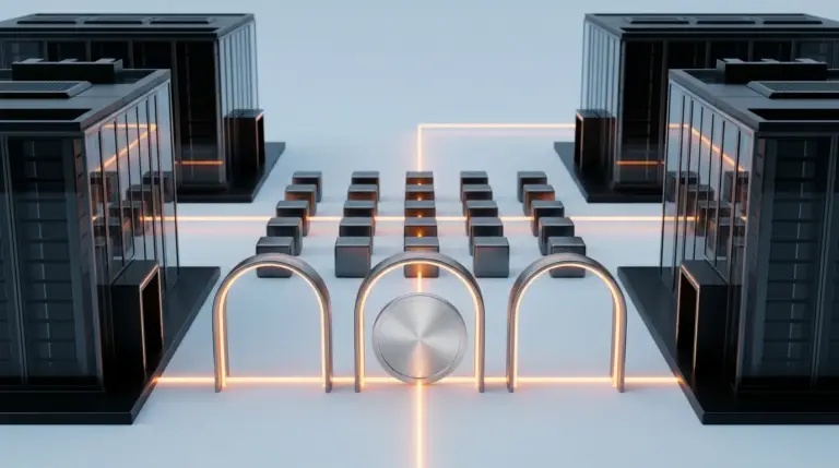 Institutional stablecoin payment infrastructure connecting two bank data centers through blockchain controls