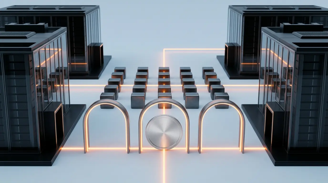Institutional stablecoin payment infrastructure connecting two bank data centers through blockchain controls
