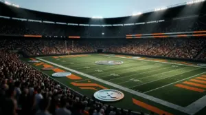 Abstract XRP-inspired branding on Florida Field inside a lit college football stadium