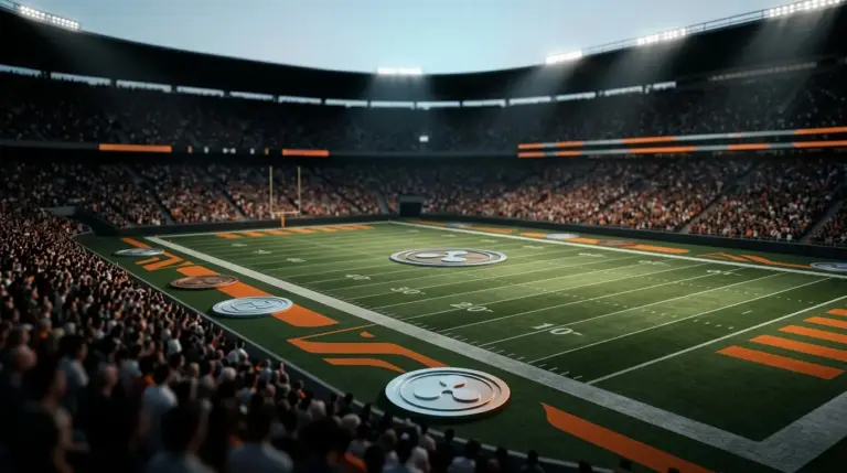 Abstract XRP-inspired branding on Florida Field inside a lit college football stadium