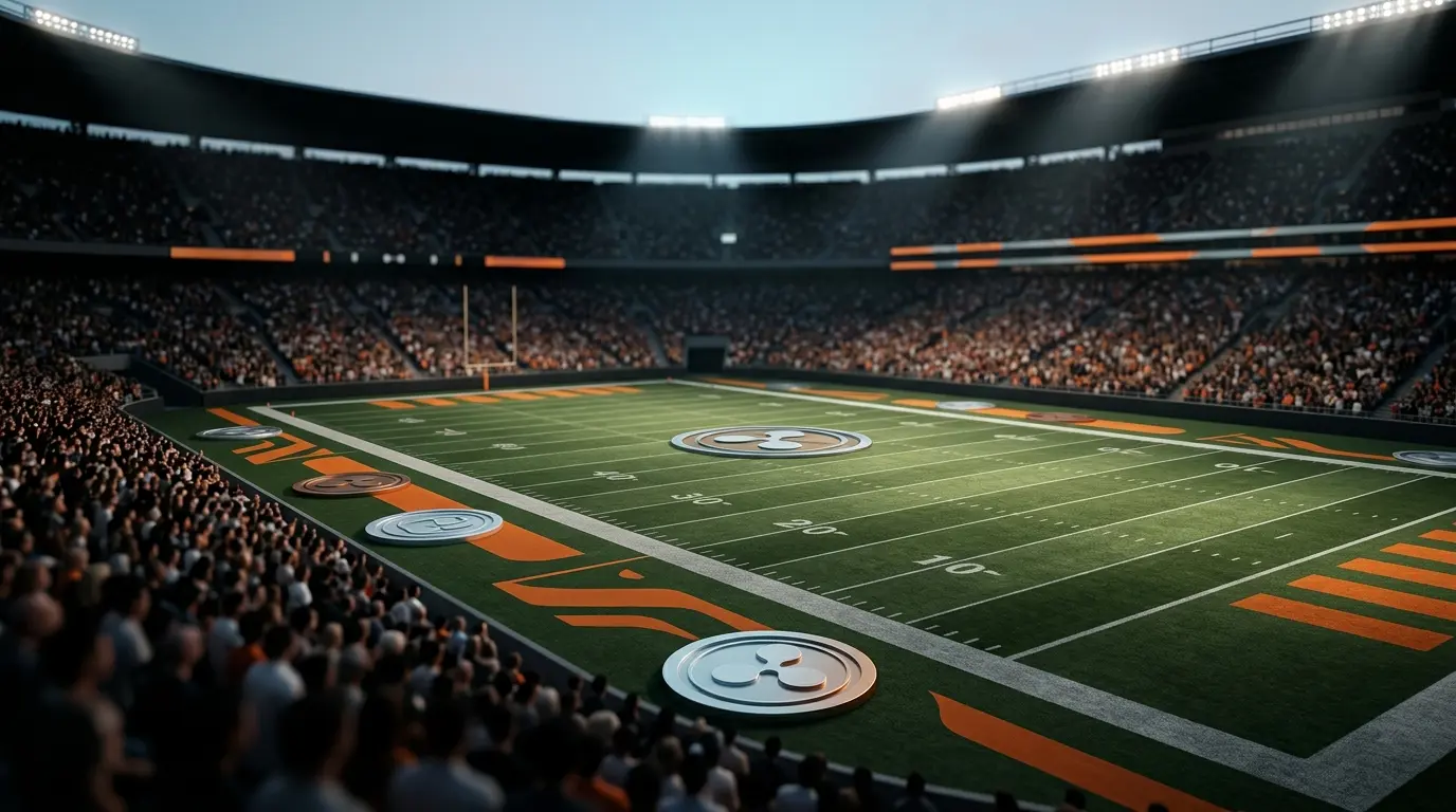 Abstract XRP-inspired branding on Florida Field inside a lit college football stadium