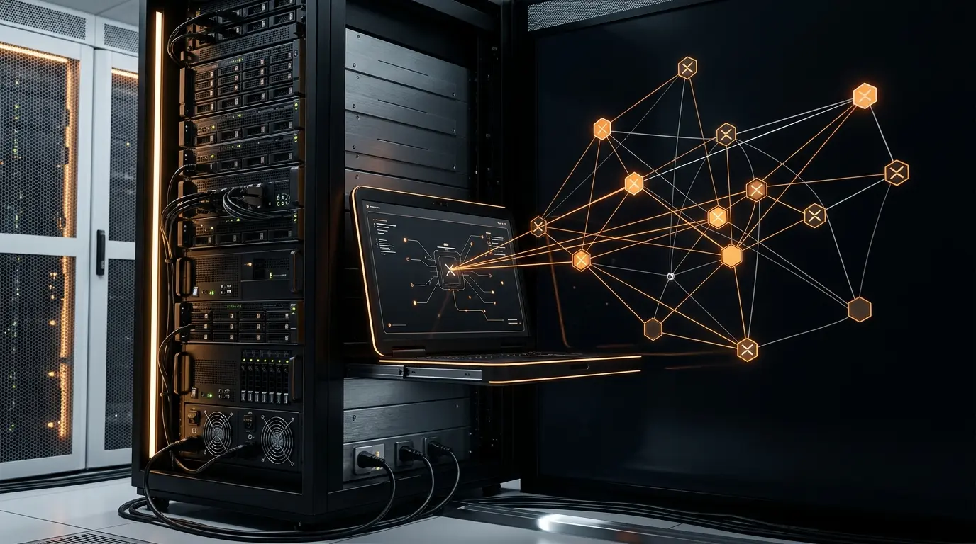XRP Ledger validator servers connected in an orange-lit network during a protocol version check
