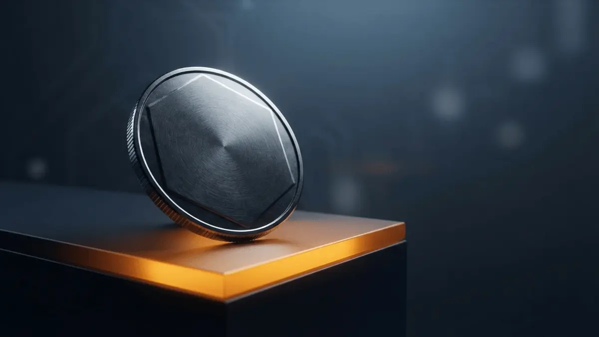 Unmarked cryptocurrency coin resting on a glowing orange support level after a market pullback